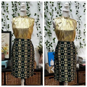 Vintage 60s Mini Dress Skirt Set Green Gold Lame Metallic Mod GoGo 2 pc XS